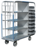 Open supply car with slide-out storage bins