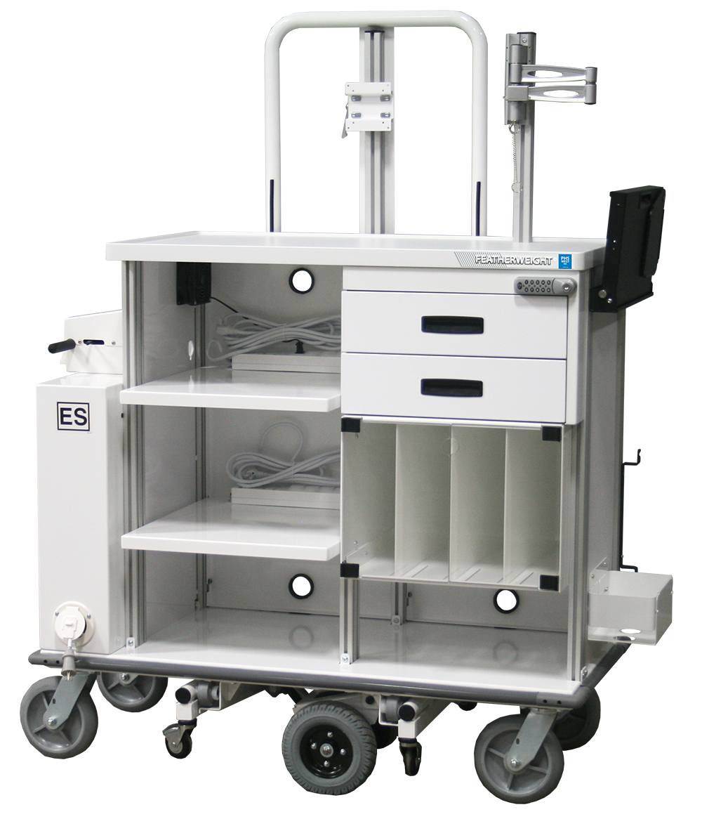 Featherweight motorized double endoscopy travel cart with locking storage drawers and tank holder