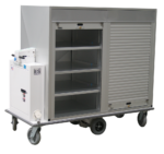 Motorized cart with custom supply cabinet and roll-up doors