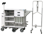 Motorized double endoscopy travel cart with detached breakaway monitor stand