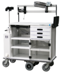 Motorized double endoscopy travel cart with full riser kit and articulating monitor arm