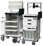 SPECS motorized endoscopy travel cart with riser kit and tilt bins