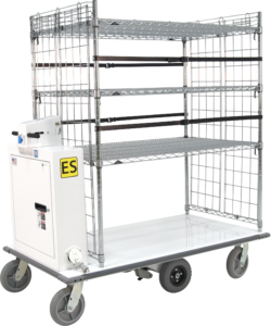 Motorized cart with open wire shelves
