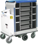Motorized cart with semi-enclosed supply cabinet and storage bins
